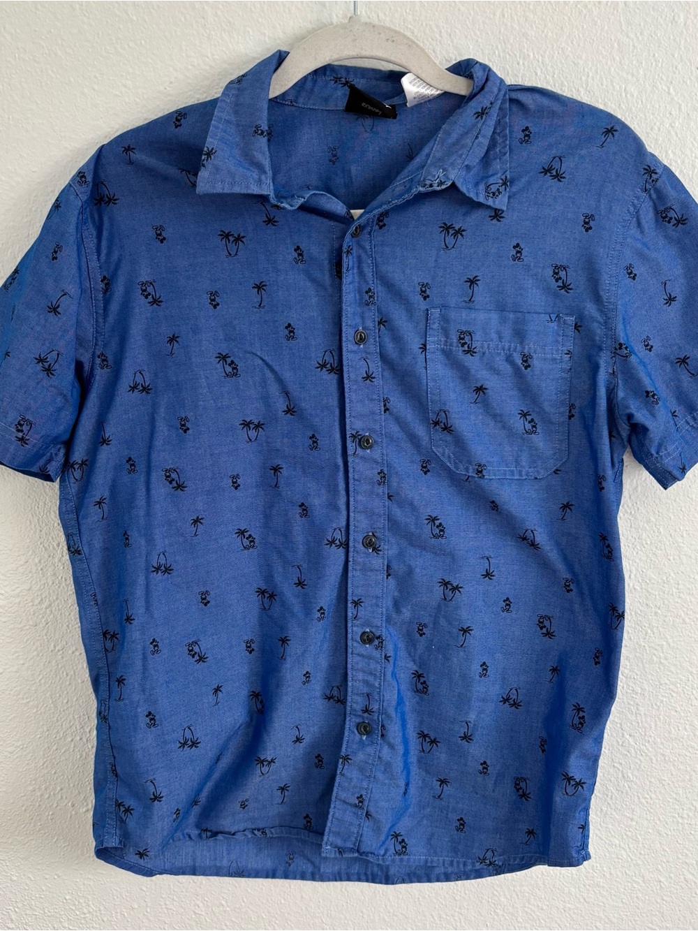 Men's Disney Mickey Mouse Palm Trees Blue Camp Shirt  S vacation relax fun